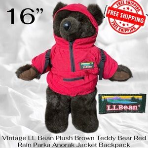 Vintage LL Bean Plush Brown Teddy Bear Red Rain Parka Anorak Jacket Backpack 16”